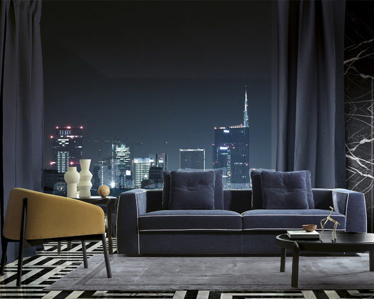divano blu artigianale in soggiorno moderno